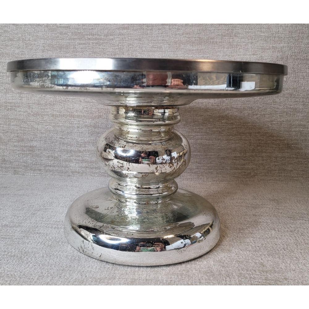 Retired Pottery Barn Mercury Glass & Stainless Pedestal Cake Stand 7" x 11" NEW
